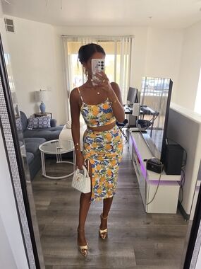 Floral Lemon Print Cutout Midi Skirt - Yellow